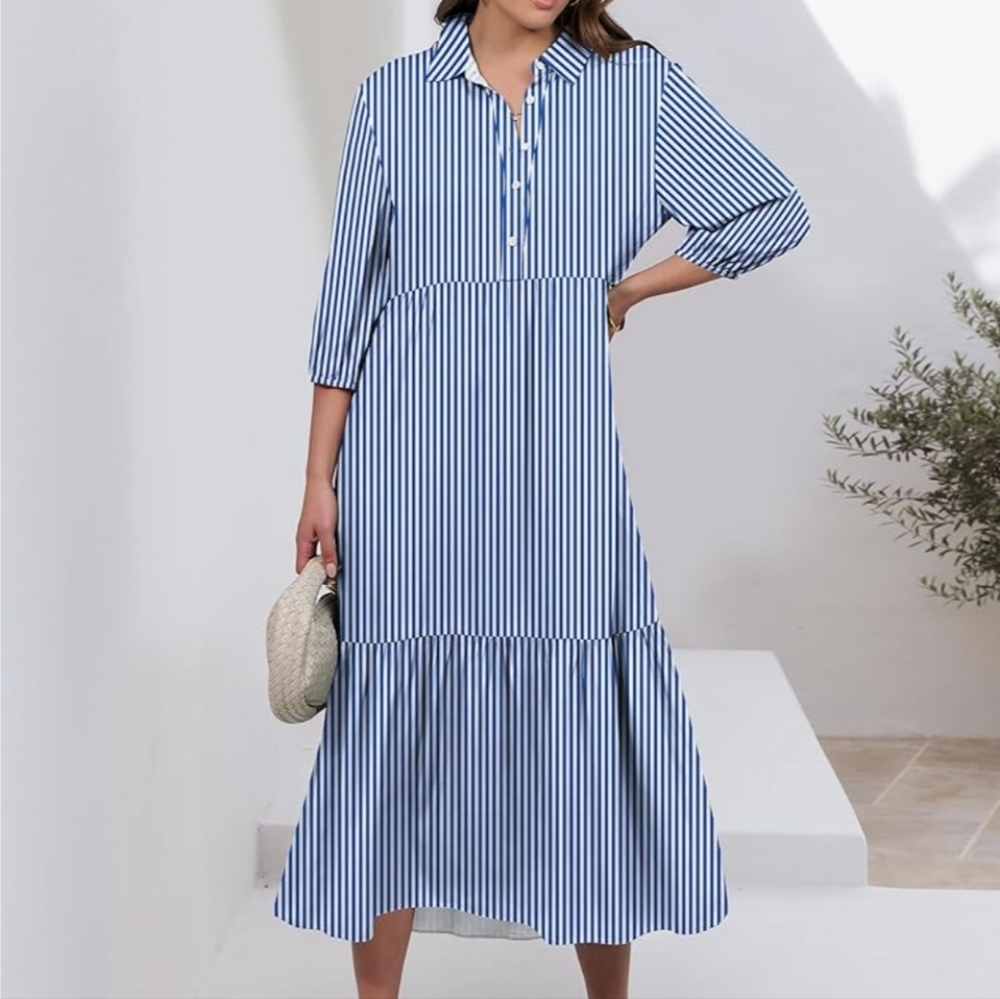 NWT - AMAZON ANRABESS Women Casual 3/4 Puff Sleeve Polo V Neck Midi Dress